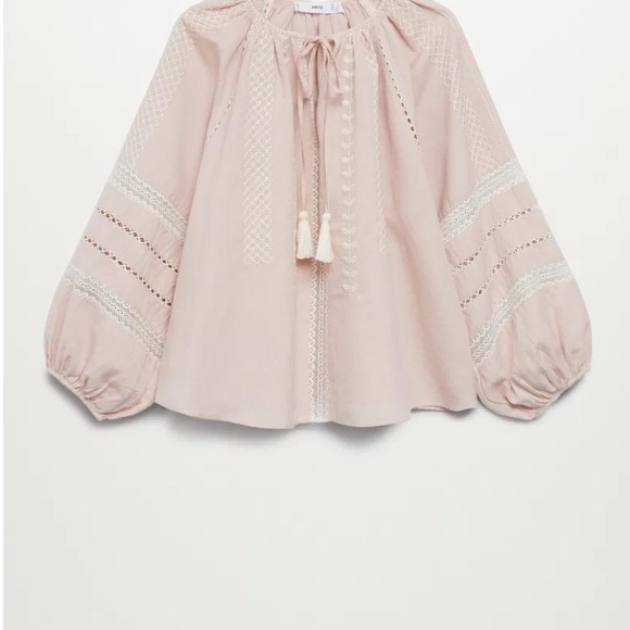 Mango Embroidered Linen Cotton Blouse Balloon Sleeve washed pink sz med/6 - Picture 2 of 13